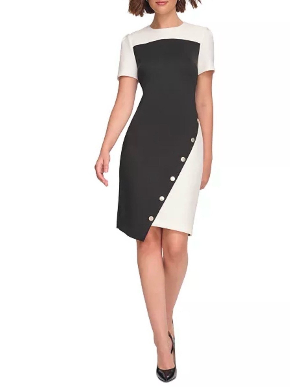 Tommy Hilfiger Black and White Colorblock Sheath Dress with Side Button Trim - Picture 1 of 11